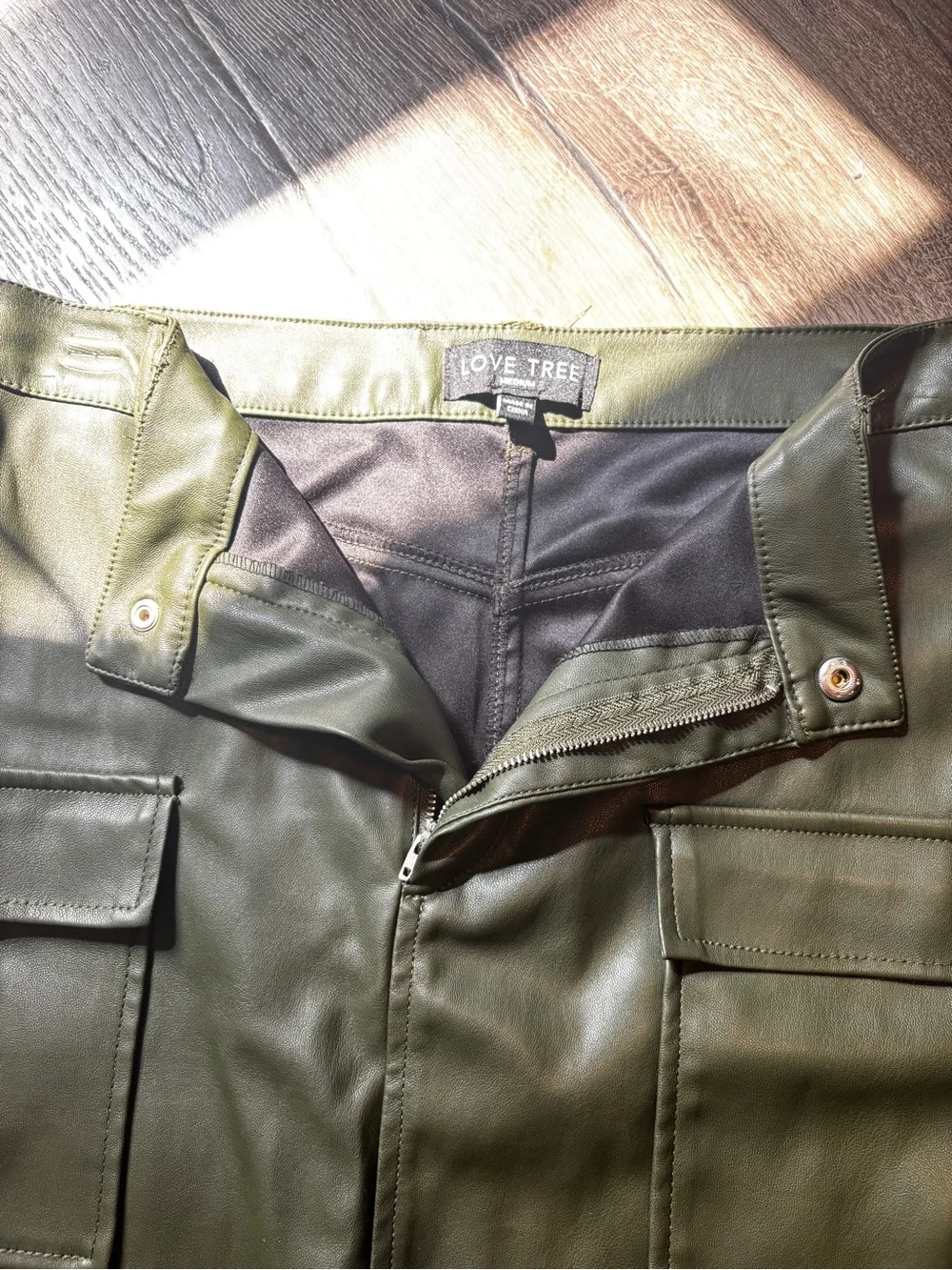 Love Tree Olive Faux Leather Cargo Mini Skirt
